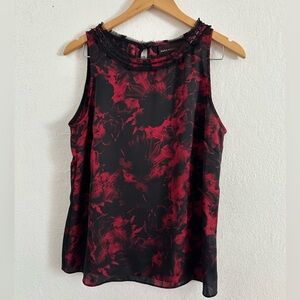 DANA BUCHMAN Red Black Floral Sleeveless Blouse - Beaded Trim Top | Size M